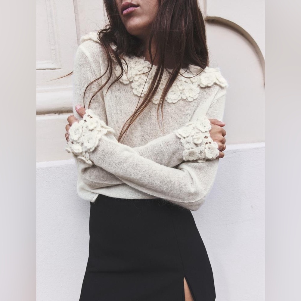 ZARA ALPACA AND WOOL BLEND FLORAL SWEATER